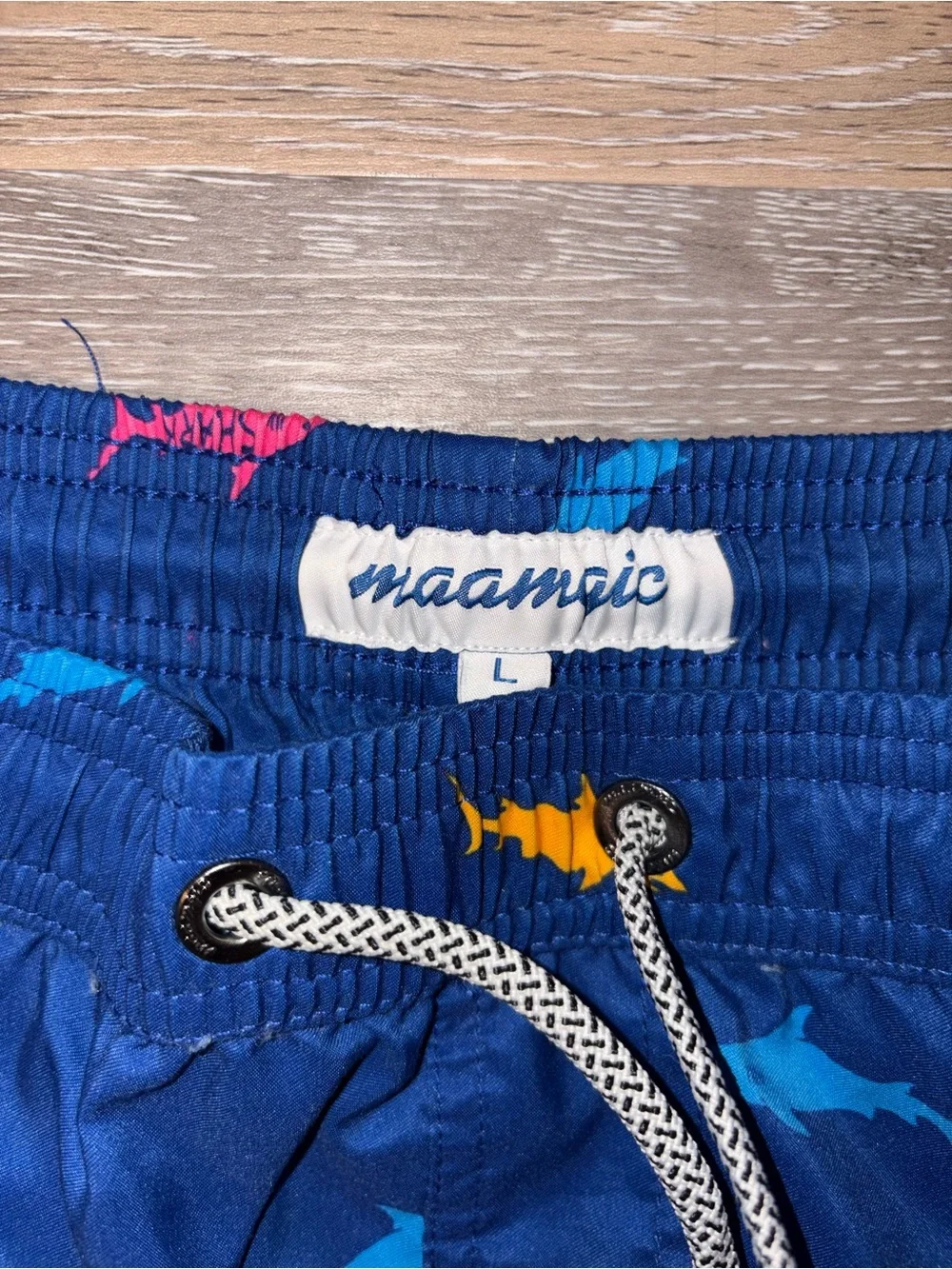 Men's Navy Shark-Print Swim Trunks with Elastic Drawstring